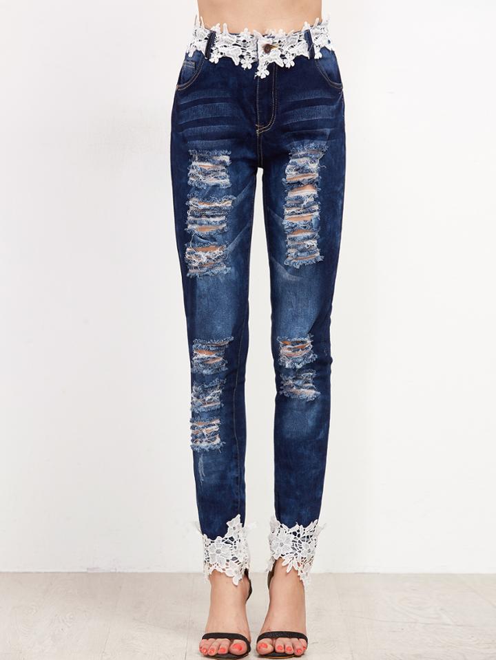 Shein Blue Bleach Wash Ripped Appliques Jeans