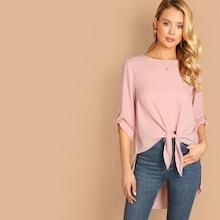 Shein Roll Tab Sleeve Knotted Dip Hem Top