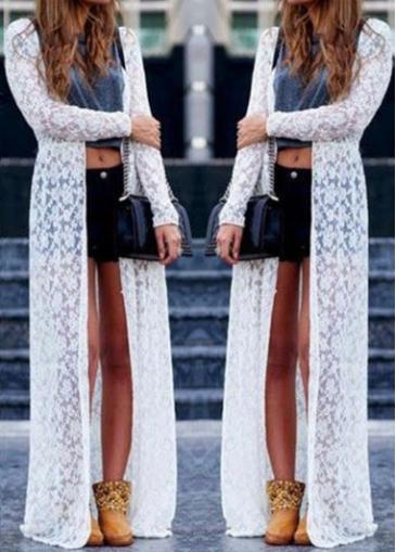Rosewe White Lantern Sleeve Lace Long Cardigan