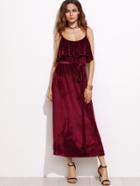 Shein Burgundy Belted Ruffle Velvet Cami Dress