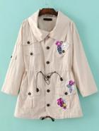 Shein Khaki Drop Shoulder Patch Drawstring Coat With Buttons