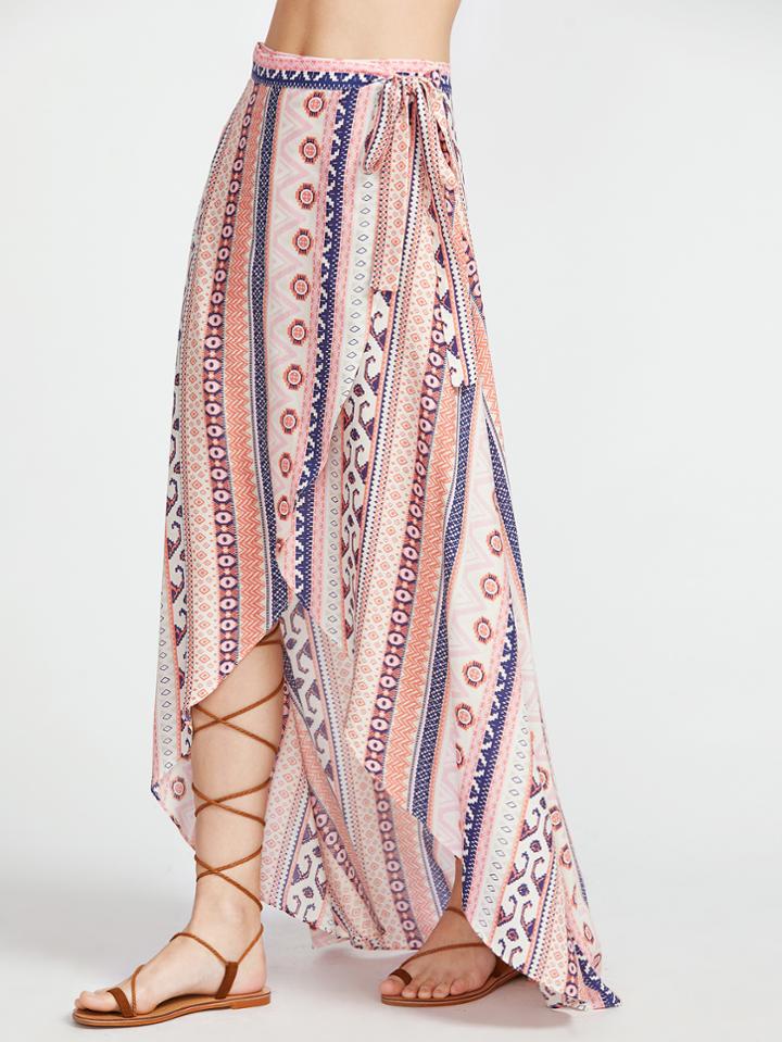 Shein Tribal Print High Low Wrap Skirt