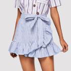 Shein Tie Front Ruffle Trim Striped Skirt
