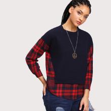 Shein Plus Curved Hem Checked Panel Sweatshirt