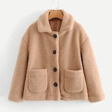 Shein Pocket Front Solid Teddy Jacket