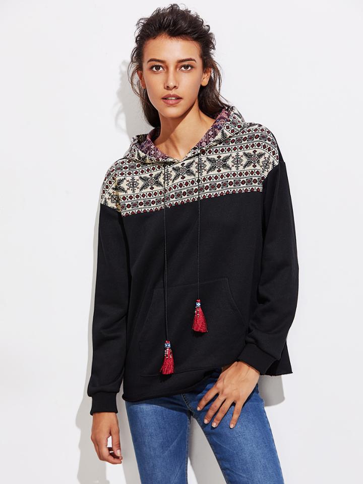 Shein Tassel Drawstring Tribal Print Hoodie