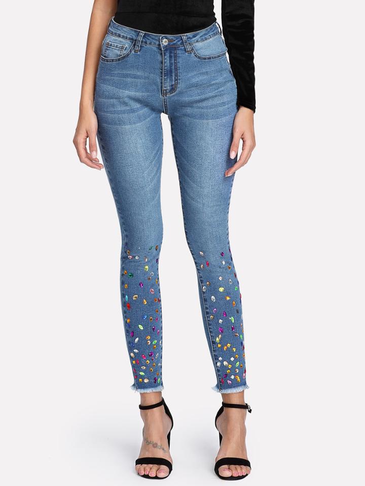 Shein Rhinestone Detail Raw Hem Jeans