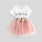 Shein Toddler Girls Letter Print Tee With Pearls Decoration Tutu