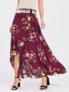 Shein Flower Print Belted Overlap Skirt