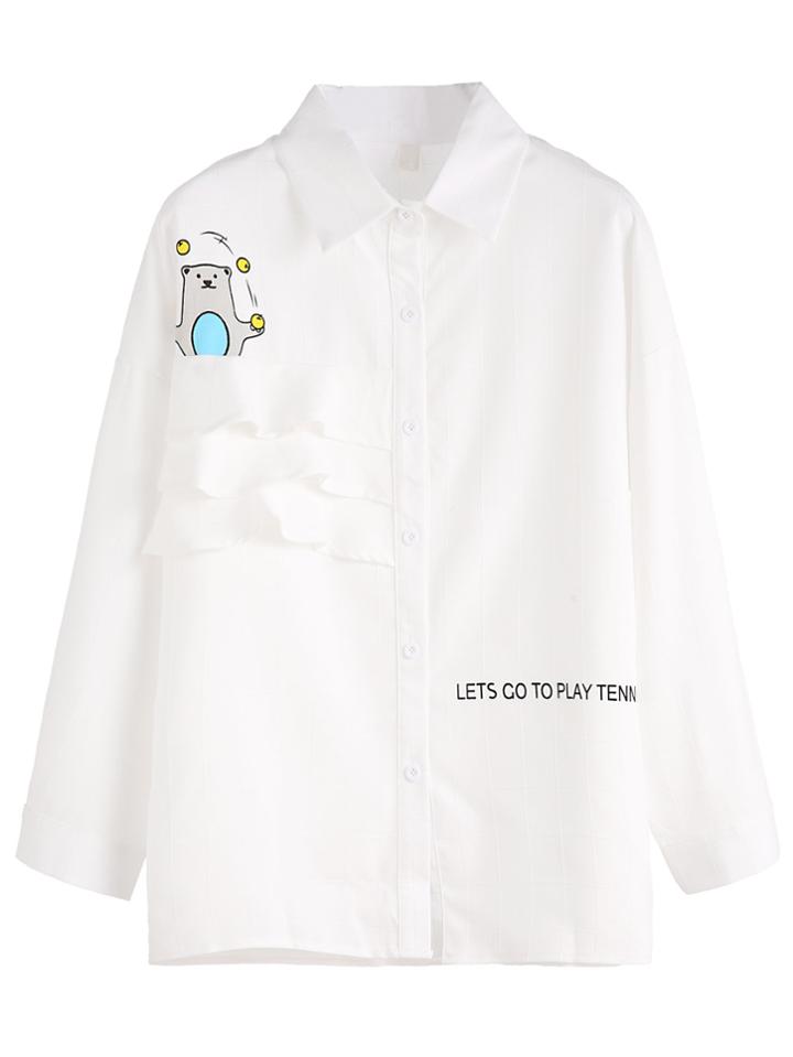 Shein White Bear And Slogan Print Ruffle Shirt