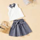 Shein Girls Collar Neck Shell Top & Belted Skirt Set