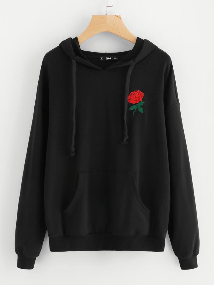 Shein Embroidery Kangaroo Pocket Front Drop Shoulder Hoodie