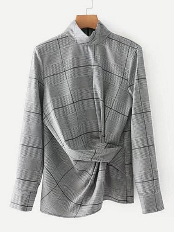 Shein Asymmetrical Ruched Glen Plaid Blouse