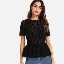 Shein Ruffle Hem Fitted Flocked Mesh Top
