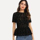 Shein Ruffle Hem Fitted Flocked Mesh Top