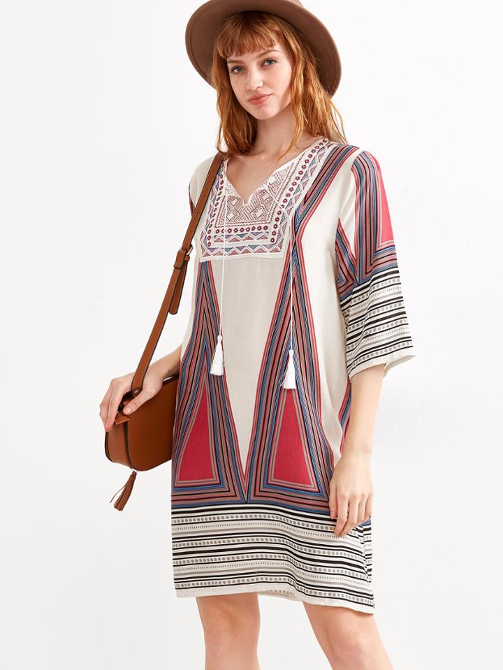 Shein Geometric Print Lace Up Fringe Shift Dress