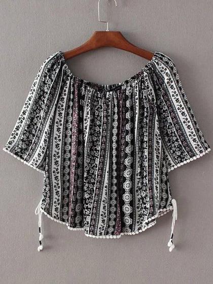 Shein Multicolor Boat Neck Pom Pom Trim Print Blouse