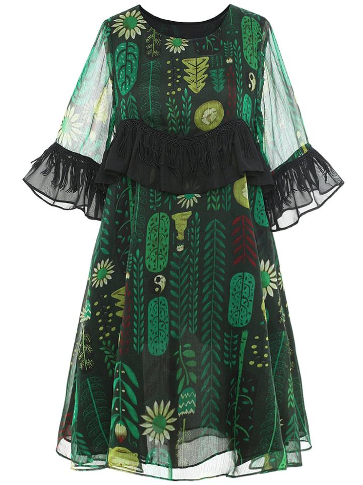 Shein Bell Sleeve Fringe Print Dress