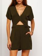 Shein Army Green V Neck Cut Out Romper