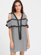 Shein Satin Trim Cold Shoulder Flounce Checkered Dress