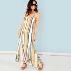 Shein Double V Neckline Slit Hem Striped Cami Dress