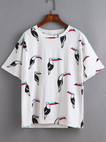 Shein White Woodpecker And Letter Print T-shirt