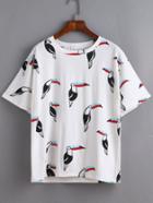 Shein White Woodpecker And Letter Print T-shirt