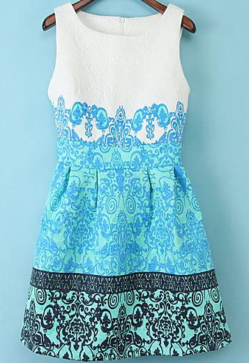 Shein Blue Round Neck Sleeveless Flowered Floral Jacquard Dress