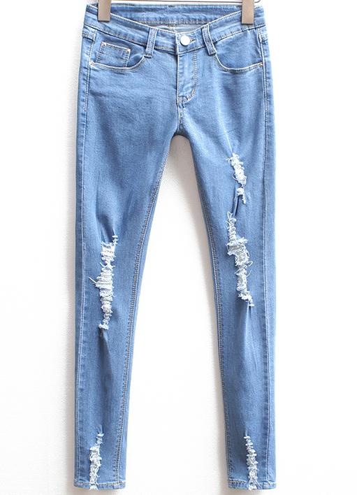 Shein Blue Ripped Slim Denim Pencil Pant