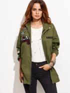 Shein Army Green Patch Zipper Coat With Drawstring