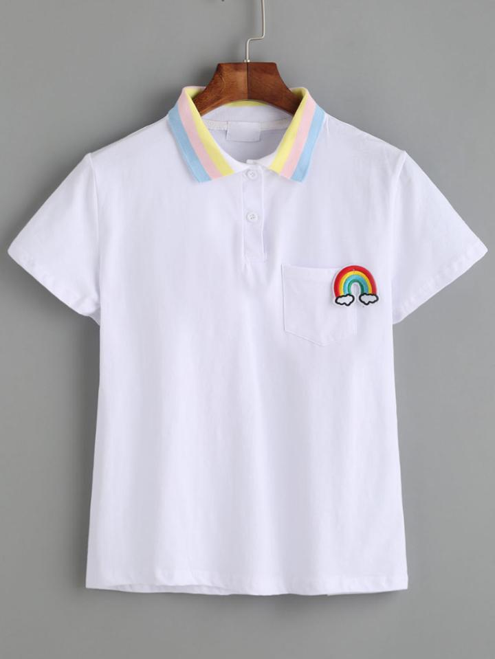Shein White Contrast Striped Collar Rainbow Embroidery Pocket T-shirt