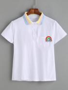 Shein White Contrast Striped Collar Rainbow Embroidery Pocket T-shirt