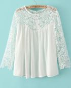 Shein White Contrast Lace Long Sleeve Loose Blouse