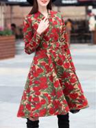 Shein Red V Neck Belted Rose Print Dress