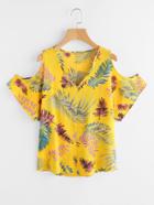 Shein V Neckline Open Shoulder Palm Leaf Print Top