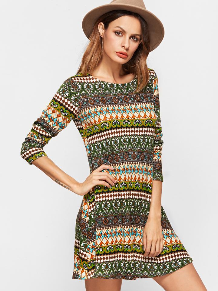 Shein Multicolor Geometric Print Long Sleeve A Line Dress