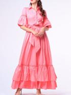 Shein Hot Pink Lapel Tie-waist Split Ruffle Dress
