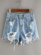Shein Blue Beaded Ripped Denim Shorts