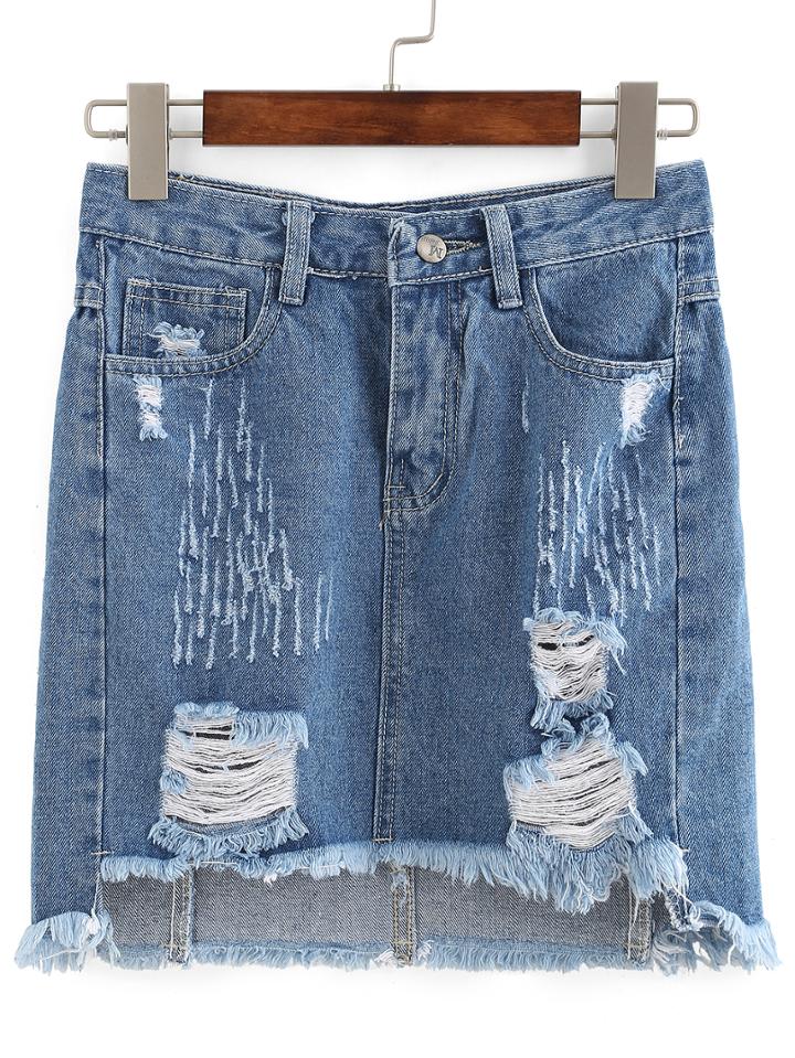 Shein Ripped High-low Denim Skirt - Blue