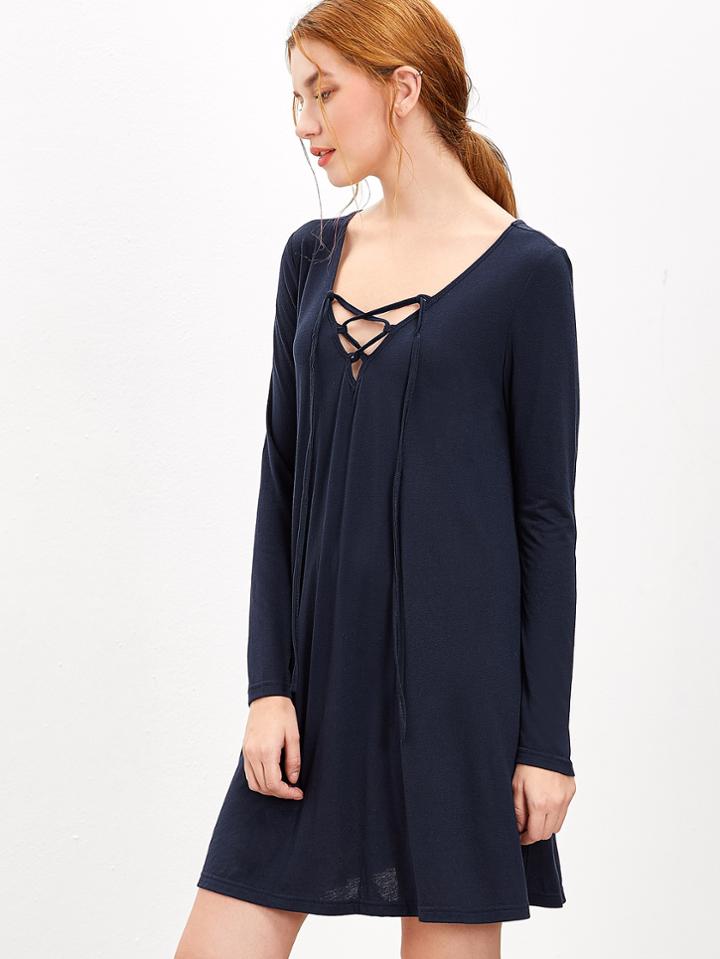 Shein Navy Lace Up V Neck Swing Dress