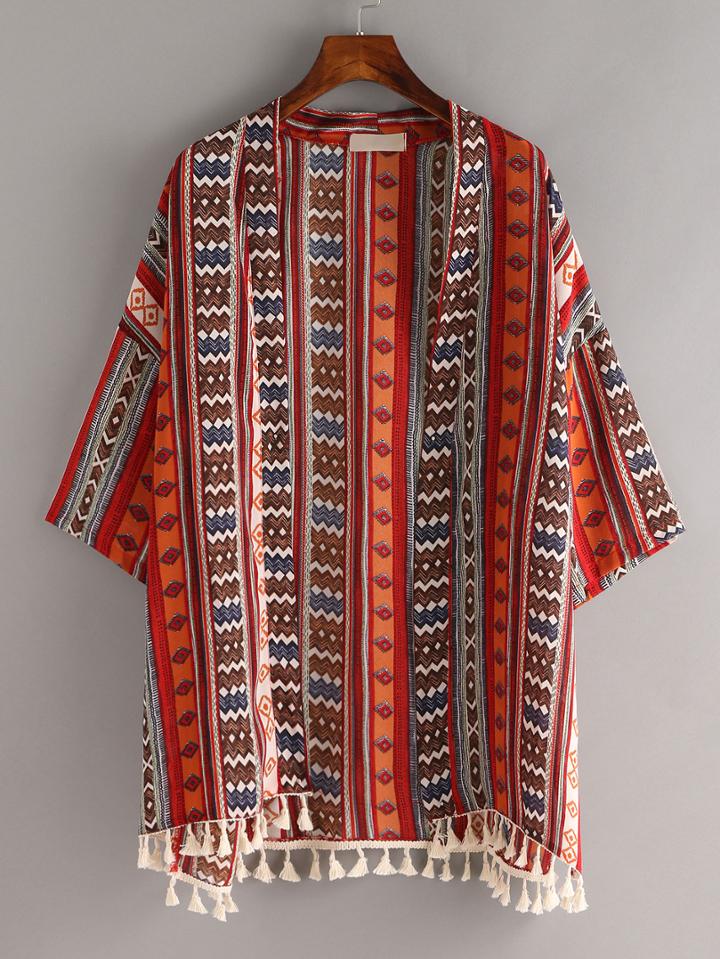 Shein Tassel Trimmed Orange Tribal Print Blouse