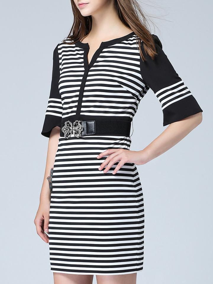 Shein Black White Round Neck Half Sleeve Striped Drawstring Dress