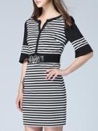 Shein Black White Round Neck Half Sleeve Striped Drawstring Dress