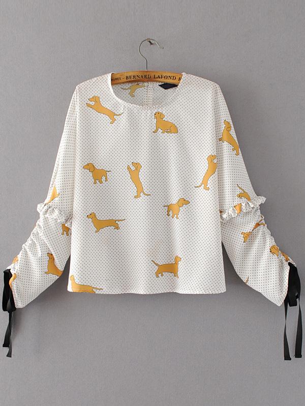 Shein White Dog Print Polka Dot Tie Cuff Ruffle Blouse