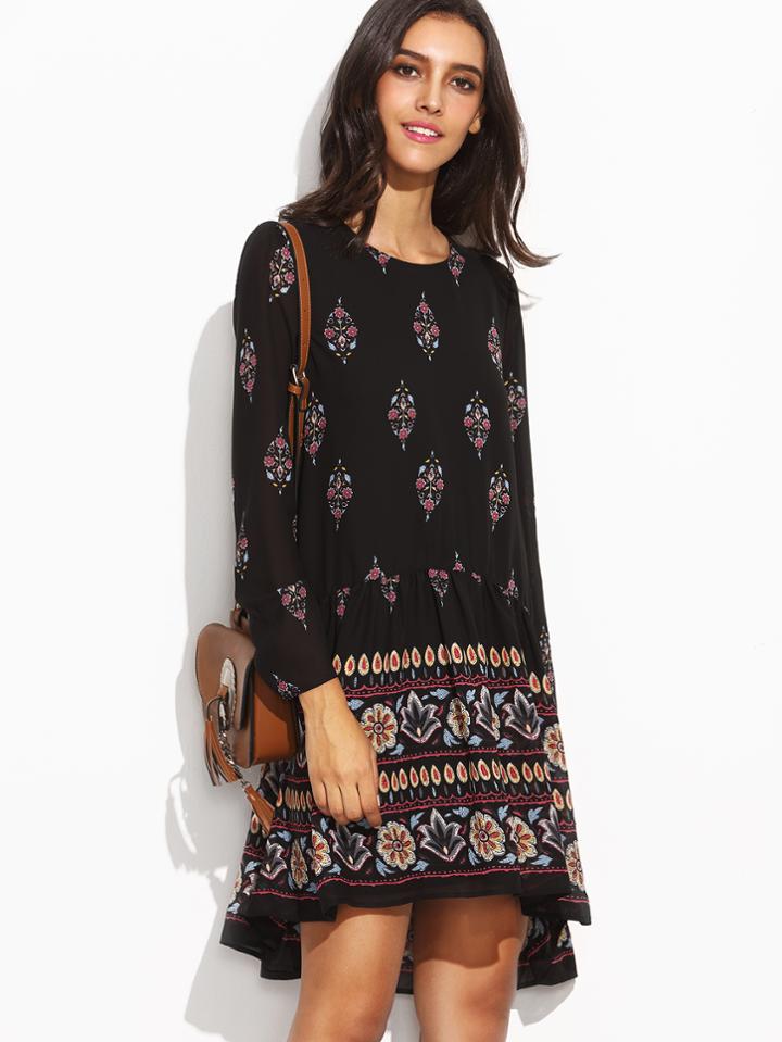 Shein Black Vintage Print Keyhole Back Shift Dress