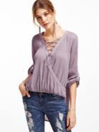 Shein Purple Lace Up Surplice Front Roll Sleeve Textured Blouse