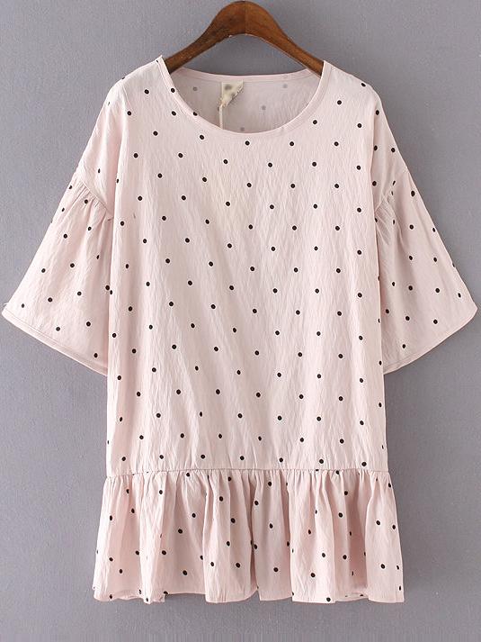 Shein Pink Polka Dot Pleated Blouse