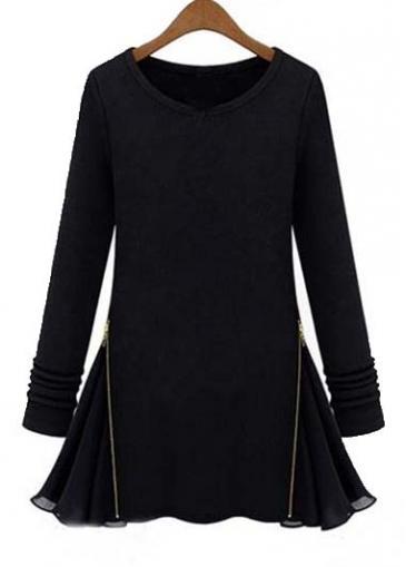 Rosewe Pretty Long Sleeve Chiffon Splicing A Line Dress Black