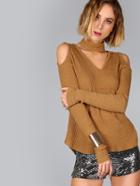 Shein Camel Ribbed Knit Cutout Choker Neck Open Shoulder T-shirt
