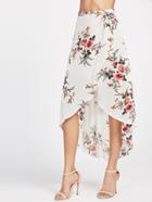 Shein Beige Floral Print Dip Hem Wrap Skirt